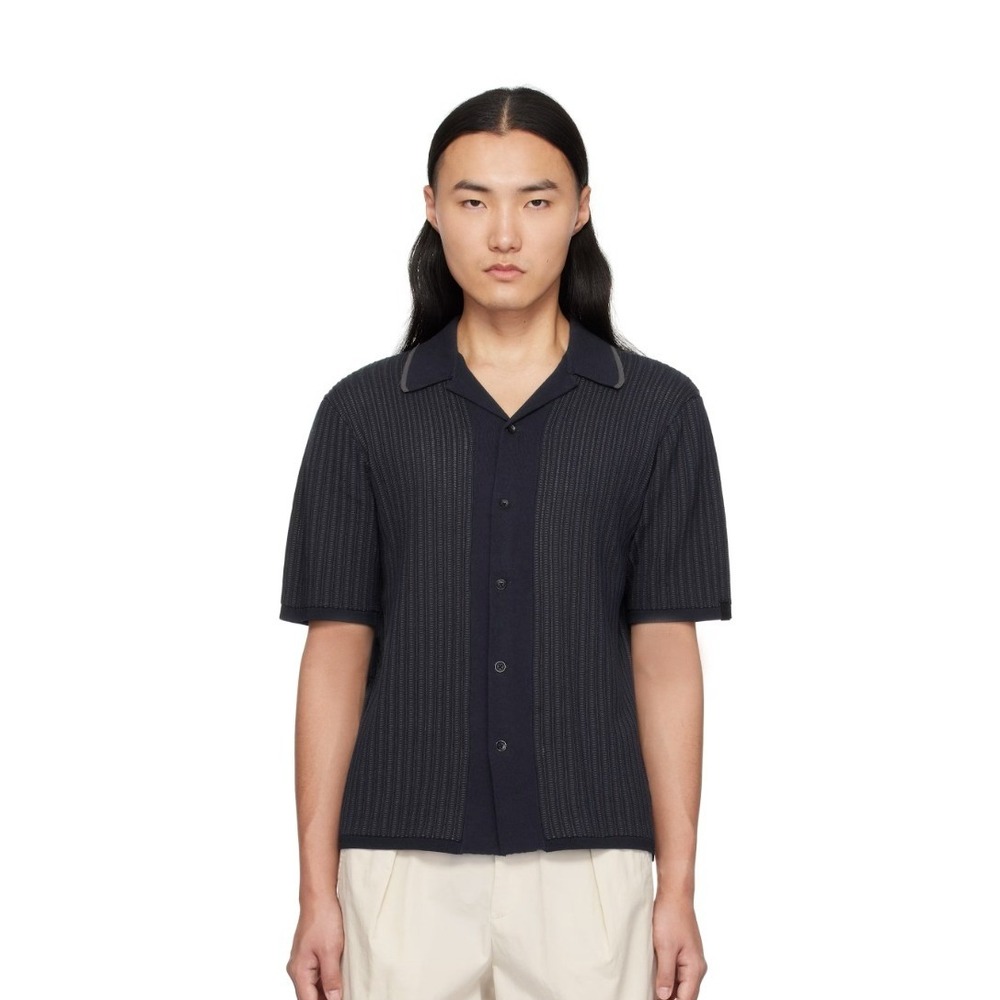 Rag & Bone Mens Navy Harris Camp Shirt Ribbed Knit  Button Down Size Small